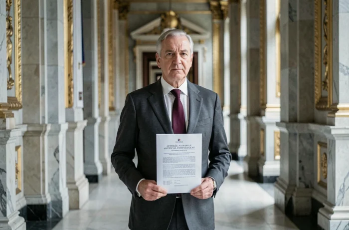 Responsable politique français tenant un rapport sur la législation de l'intelligence artificielle dans un couloir institutionnel de l'Assemblée Nationale