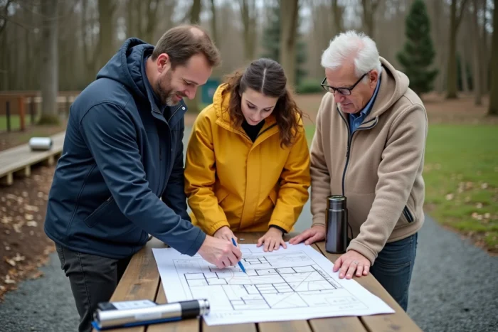 Réunion de planification d'un projet de jardins familiaux dans une commune avec des habitants autour d'un plan
