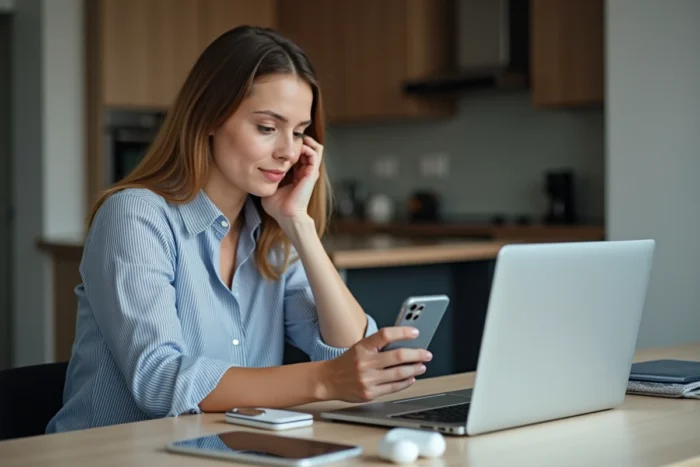 Une femme inspectant un smartphone reconditionné à la maison pour le revendre sur une plateforme comme Back Market, avec d'autres appareils électroniques sur la table