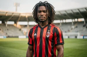 Portrait d'un footballeur emblématique en maillot vintage de l'AC Milan dans les années 80, stade de San Siro en arrière-plan flou