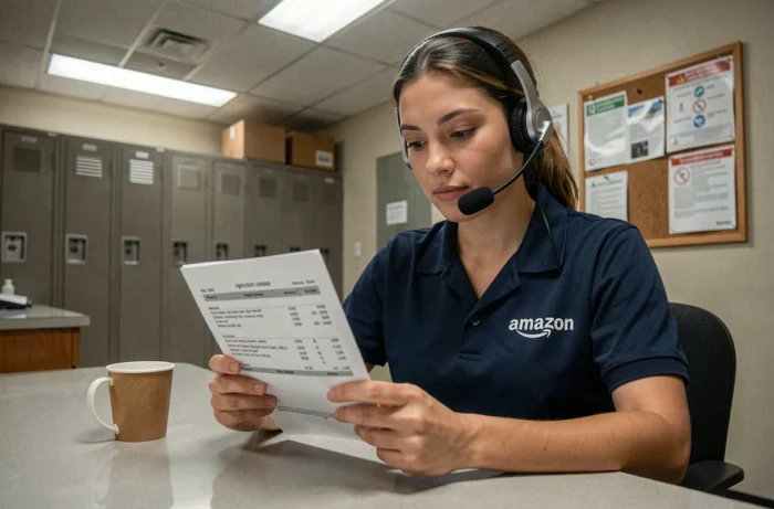 Employée Amazon examinant sa fiche de paie dans une salle de pause d'entrepôt la nuit, illustrant le salaire de nuit Amazon