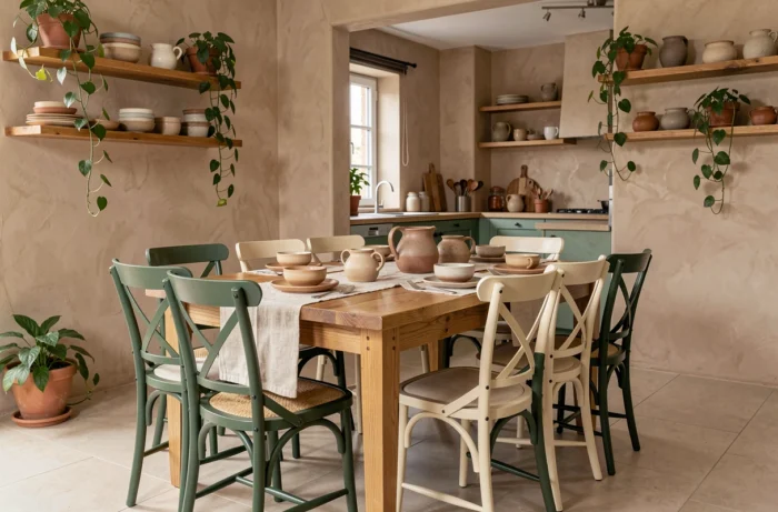 Salle à manger tendance 2024 avec table en chêne, chaises dépareillées et vaisselle en grès artisanale