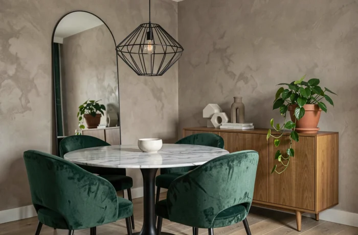 Salle à manger tendance avec table en marbre, chaises en velours vert et miroir arrondi dans une décoration maison élégante