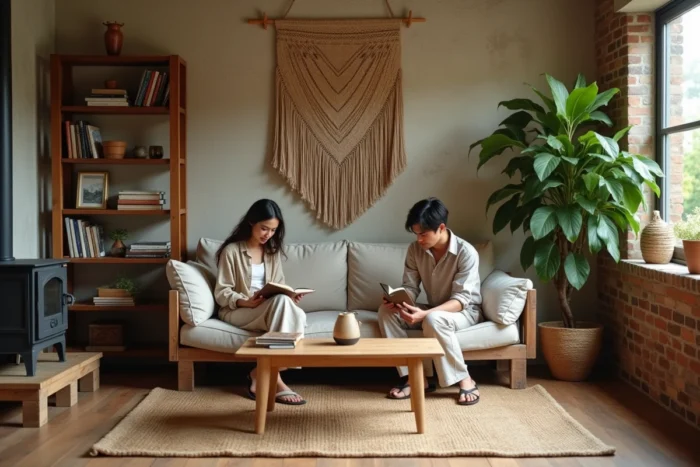 Couple dans un salon chaleureux et durable décoré de meubles recyclés, plantes et textile naturel