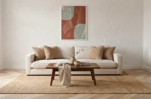 Salon moderne et élégant avec canapé en lin crème, coussins boucle et parquet en chêne clair dans un style scandinave minimaliste