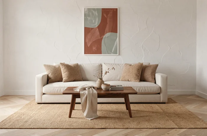 Salon moderne et élégant avec canapé en lin crème, coussins boucle et parquet en chêne clair dans un style scandinave minimaliste