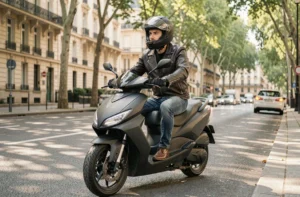 Jeune homme en veste de cuir sur un scooter 125cc arrêté sur un boulevard parisien