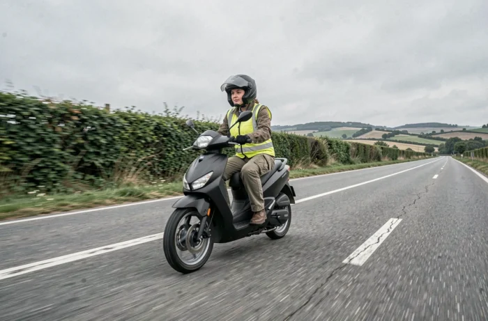 Femme à moto conduisant un scooter 125cc sur une route de campagne française en pleine vitesse de croisière