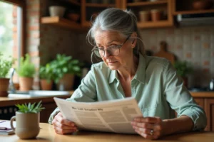 Une femme senior lisant le journal dans une cuisine rustique chaleureuse, illustrant les conseils pratiques pour améliorer le quotidien des personnes âgées