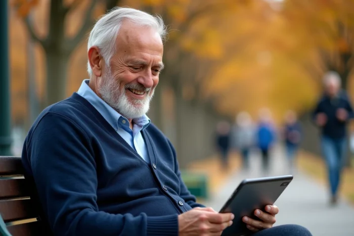Un homme âgé utilisant une tablette numérique dans un parc en automne, symbolisant l'accès aux nouvelles technologies pour les seniors