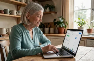 Femme senior naviguant facilement sur un site web depuis son ordinateur portable dans une cuisine chaleureuse