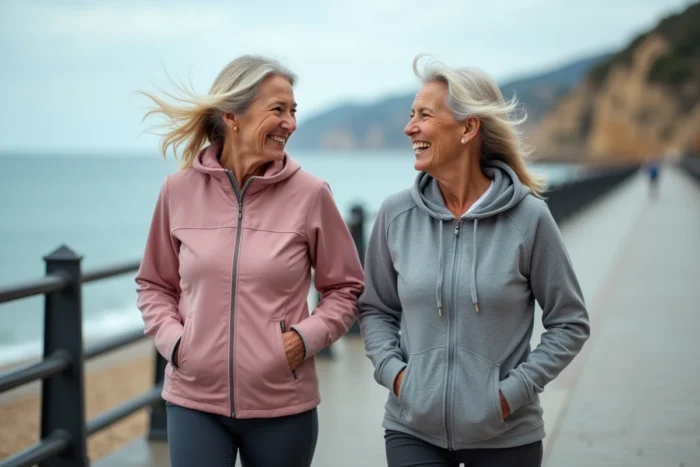 Deux femmes seniors marchant et riant ensemble sur un bord de mer, illustrant le bien-être physique et social des personnes âgées actives