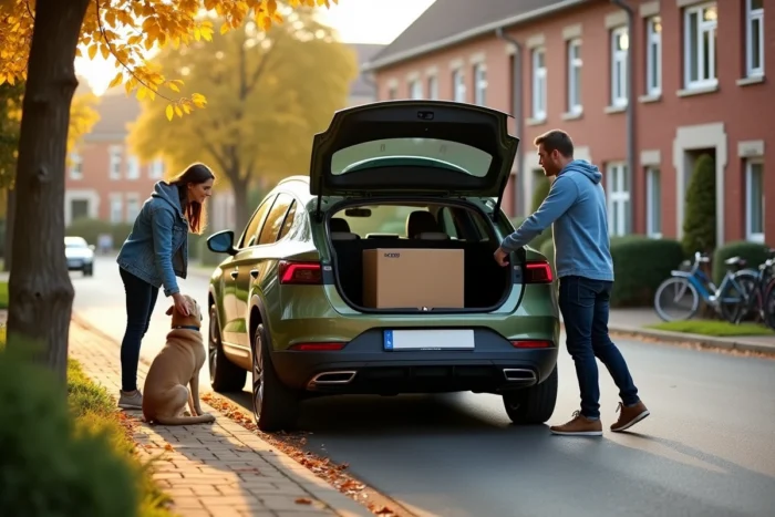 Un Skoda Enyaq Coupé iV vert olive coffre ouvert, un couple charge un grand carton dans une rue résidentielle avec un chien assis