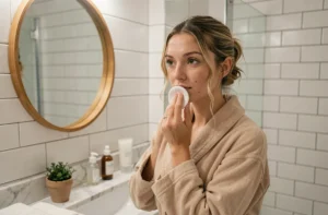 Jeune femme appliquant un soin local sur un bouton au menton devant un miroir de salle de bain