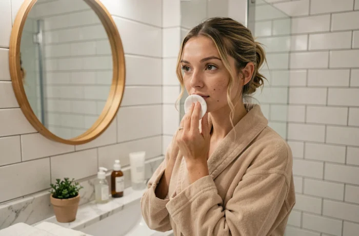 Jeune femme appliquant un soin local sur un bouton au menton devant un miroir de salle de bain