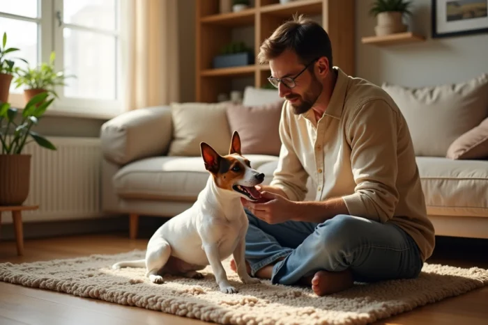 Propriétaire inspectant les dents de son Jack Russell Terrier à la maison pour prévenir les maladies bucco-dentaires