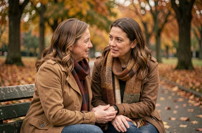 Deux femmes s'entraidant sur un banc en automne, soutien émotionnel et accompagnement psychologique entre proches