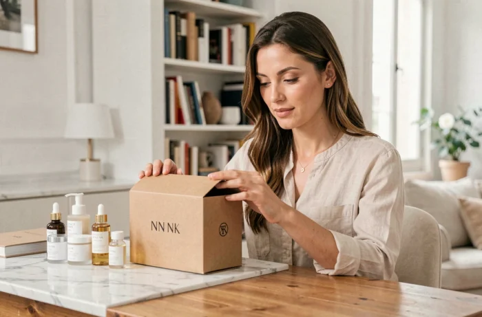 Femme inspectant une commande Space NK reçue à domicile avec des produits de beauté disposés sur un bureau en bois