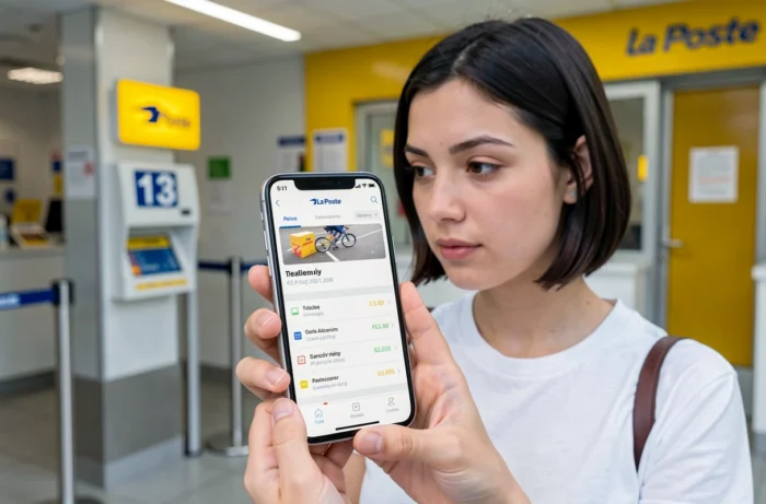 Femme consultant le suivi de livraison d'une commande Space NK sur smartphone dans un bureau de poste français