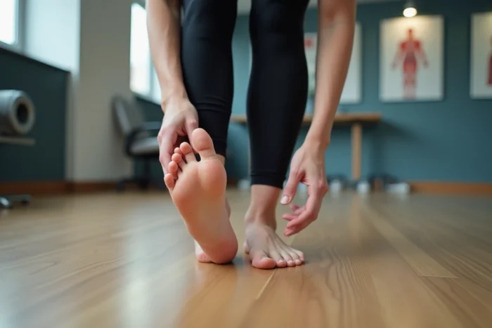Athlète féminine en supination debout pieds nus dans une clinique de physiothérapie, analyse posturale de l'appui plantaire externe