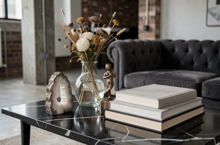 Table basse en marbre avec objets décoratifs insolites, géode, vase soufflé et figurine bronze dans un loft contemporain