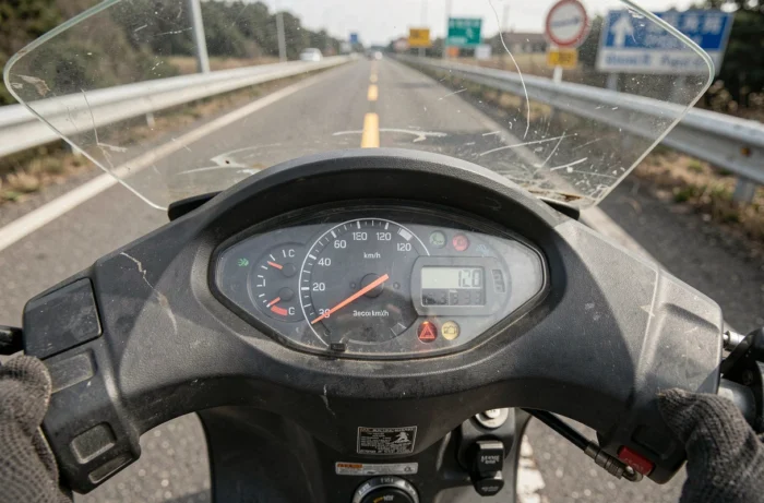 Gros plan sur le tableau de bord d'un scooter 125cc avec le compteur de vitesse proche de 100 km/h