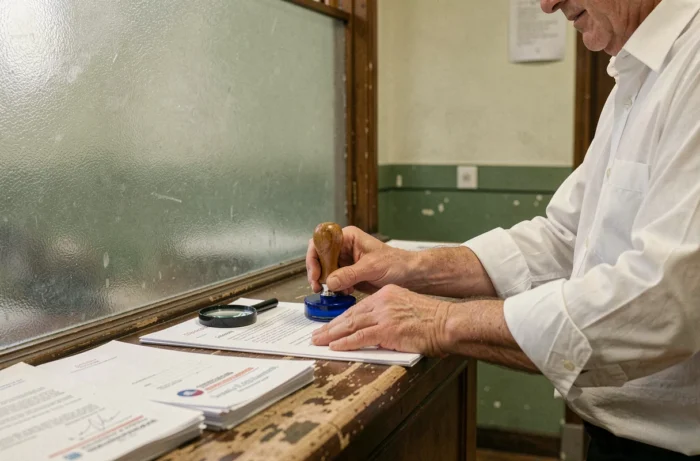 Fonctionnaire apposant un tampon officiel sur un document pour une certification conforme à l'original au guichet administratif