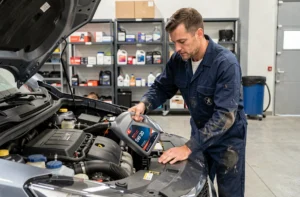 Mécanicien versant de l'huile moteur 5W-30 dans le moteur d'une Peugeot 2008 dans un atelier automobile professionnel