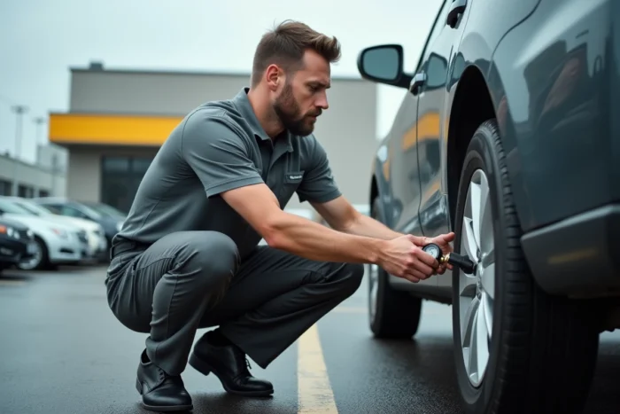 Technicien automobile vérifiant la pression des pneus dans un centre de service auto urbain
