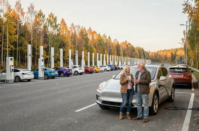 Station de recharge pour véhicules électriques en bord d'autoroute avec plusieurs voitures branchées et voyageurs au repos