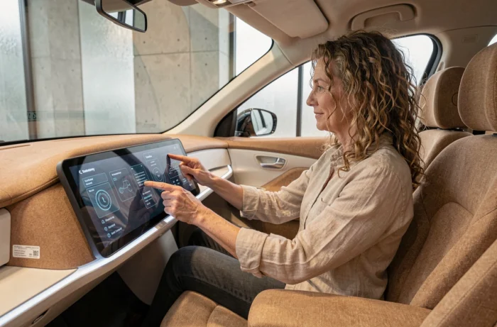 Intérieur minimaliste d'un véhicule autonome de nouvelle génération avec tableau de bord numérique et sièges en tissu recyclé