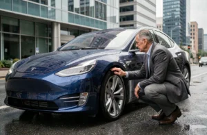 Ingénieur automobile inspectant une berline électrique futuriste dans un environnement urbain moderne sous ciel nuageux