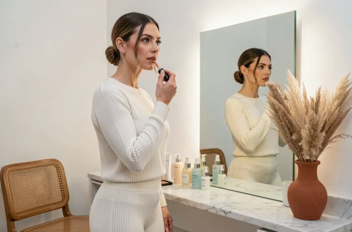 Femme en ensemble côtelé blanc devant un miroir de coiffeuse appliquant un produit de beauté dans un dressing minimaliste, tendances beauté et soins