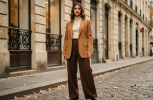 Femme élégante portant un blazer camel oversize et un pantalon large chocolat dans une rue pavée parisienne à l'automne, tendances mode saison