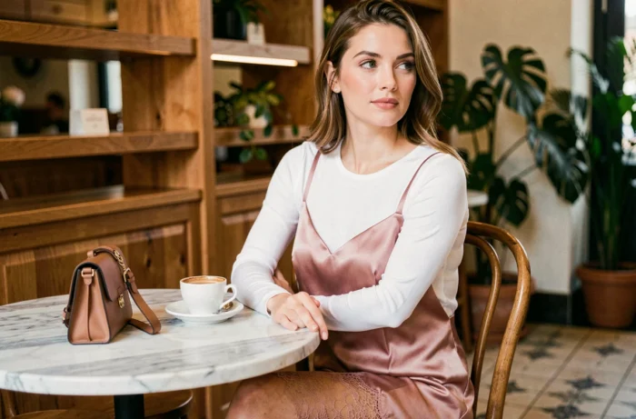 Femme portant une robe satin rose et un haut blanc dans un café parisien au décor bistrot, tendances mode beauté féminines