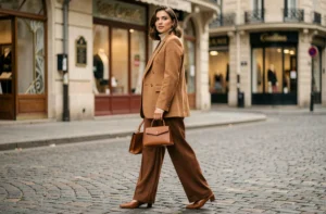 Femme élégante portant un blazer camel oversize et un pantalon large marron dans une rue pavée parisienne, style mode automne tendances