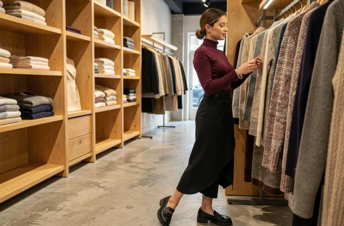 Femme parcourant des portants de vêtements tendance dans une boutique concept store moderne, jupe midi noire et top bordeaux, mode femme tendances saison