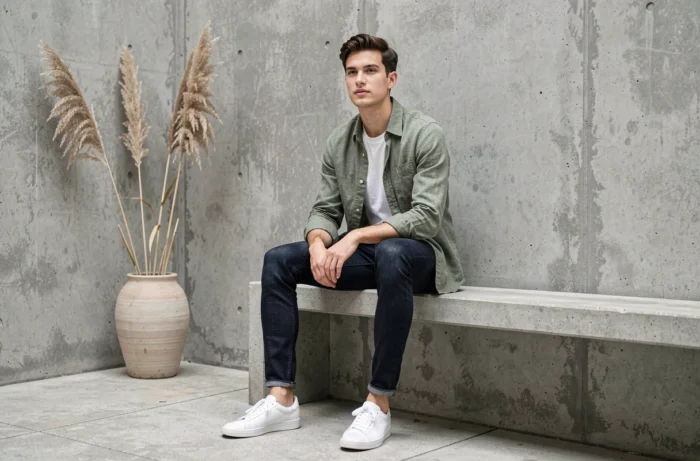 Jeune homme en tenue décontractée tendance avec chemise en lin vert sauge et jean indigo dans une cour urbaine minimaliste, mode masculine saison