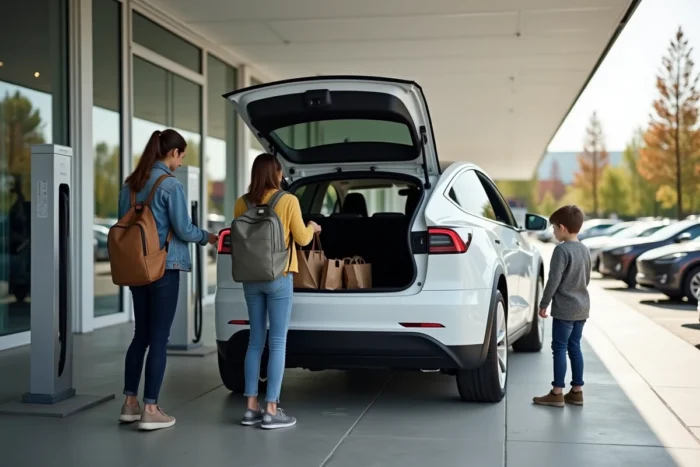 Une Tesla Model Y Juniper blanche en charge dans un parking de supermarché, un couple décharge le coffre sous le regard de deux enfants