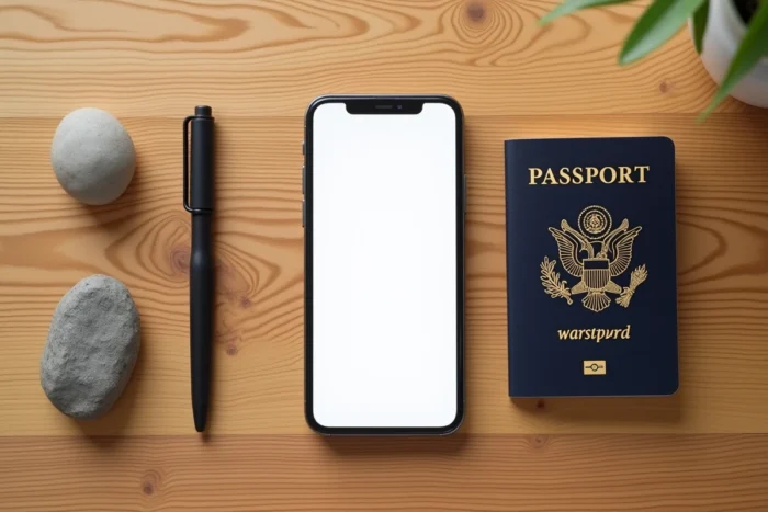 Vue de dessus d'un bureau minimaliste avec un smartphone affichant un court message de bon voyage, un passeport et un galet
