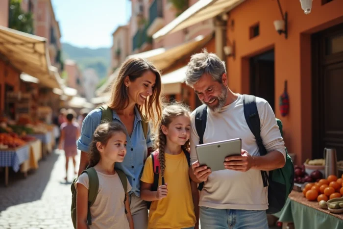 Une famille de quatre personnes souriant autour d'une tablette affichant un message rassurant avant leur voyage en famille