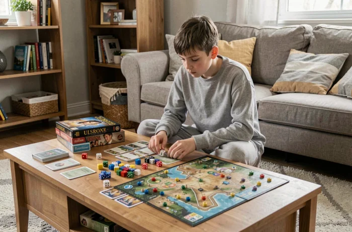 Ado organisant un tournoi de jeux de société seul sur une table basse