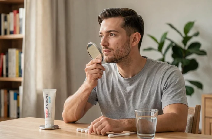 Homme examinant un bouton sur la mâchoire avec un miroir à main et une crème anti-imperfection sur son bureau