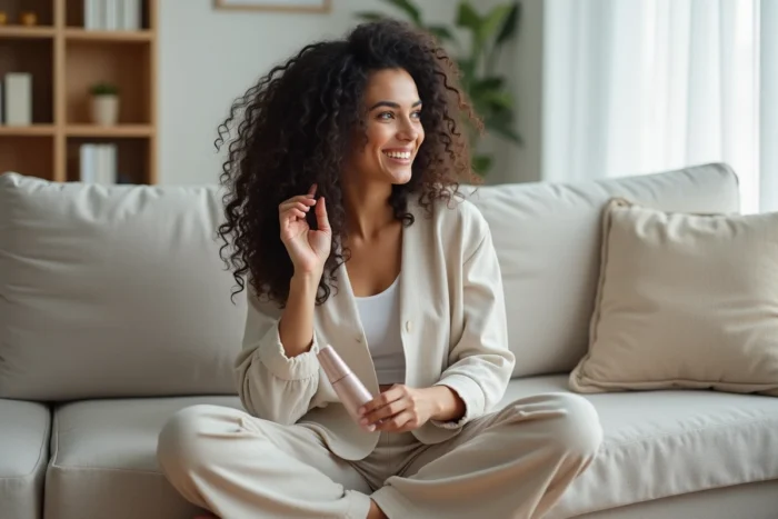 Femme aux cheveux bouclés appliquant le traitement Vermogal chez elle dans un salon moderne et lumineux