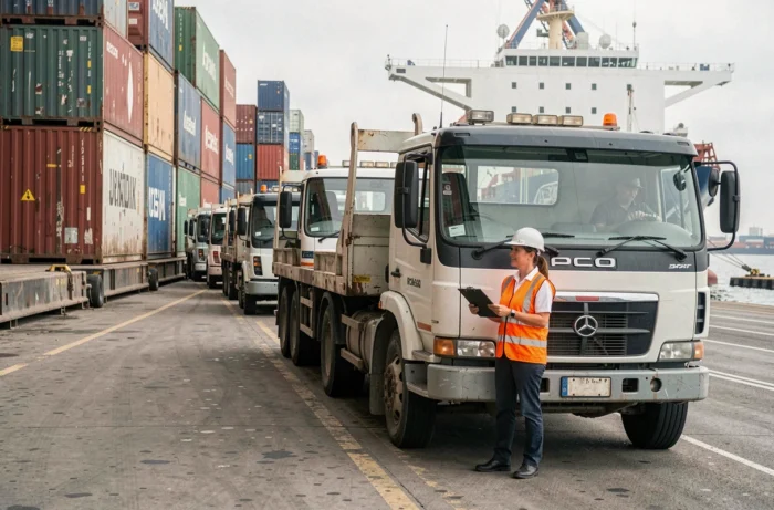 Coordinatrice logistique supervisant des transporteurs portuaires sur le quai d'un terminal à conteneurs