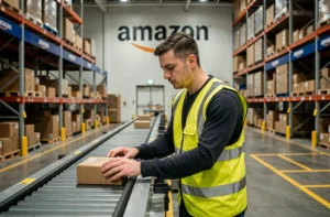 Employé Amazon en entrepôt la nuit portant un gilet de sécurité jaune, scannant des colis sur un tapis roulant dans un centre de distribution
