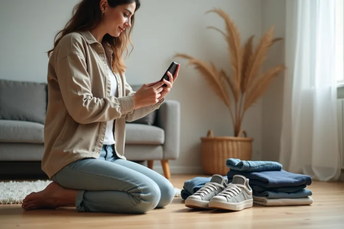 Une femme photographiant des vêtements et des chaussures avec son smartphone pour les vendre sur des plateformes comme Vinted ou Leboncoin
