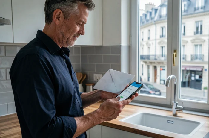 Homme vérifiant une adresse postale sur smartphone en comparant avec une enveloppe dans une cuisine moderne