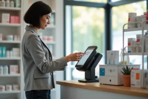 Femme vérifiant le montant sur un terminal de paiement carte bancaire dans une pharmacie à Ronchin