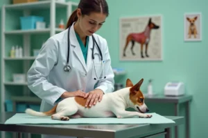 Vétérinaire examinant un Jack Russell Terrier sur une table de consultation pour dépister des maladies courantes